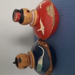 Vintage Japanese Wooden Kokeshi Style Dolls Bark Base Hand Painted Pair
